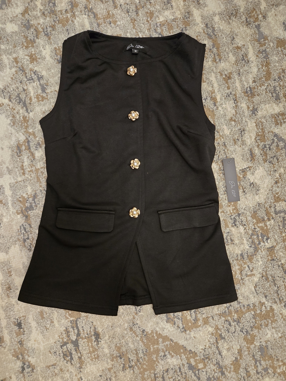 Black Sleeveless Vest with Decorative Gold Buttons
